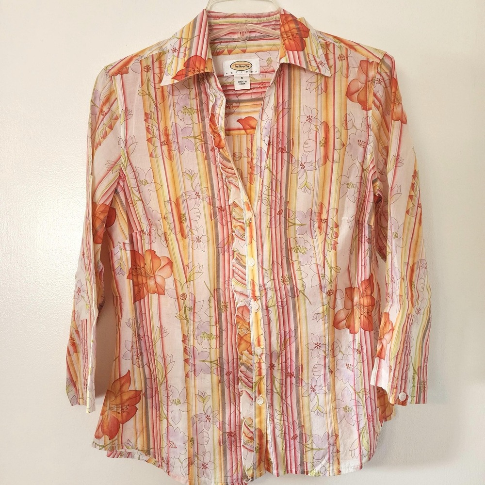 Talbots Petites Floral Striped Ruffle Button Up Blouse Pink Orange Cotton Small